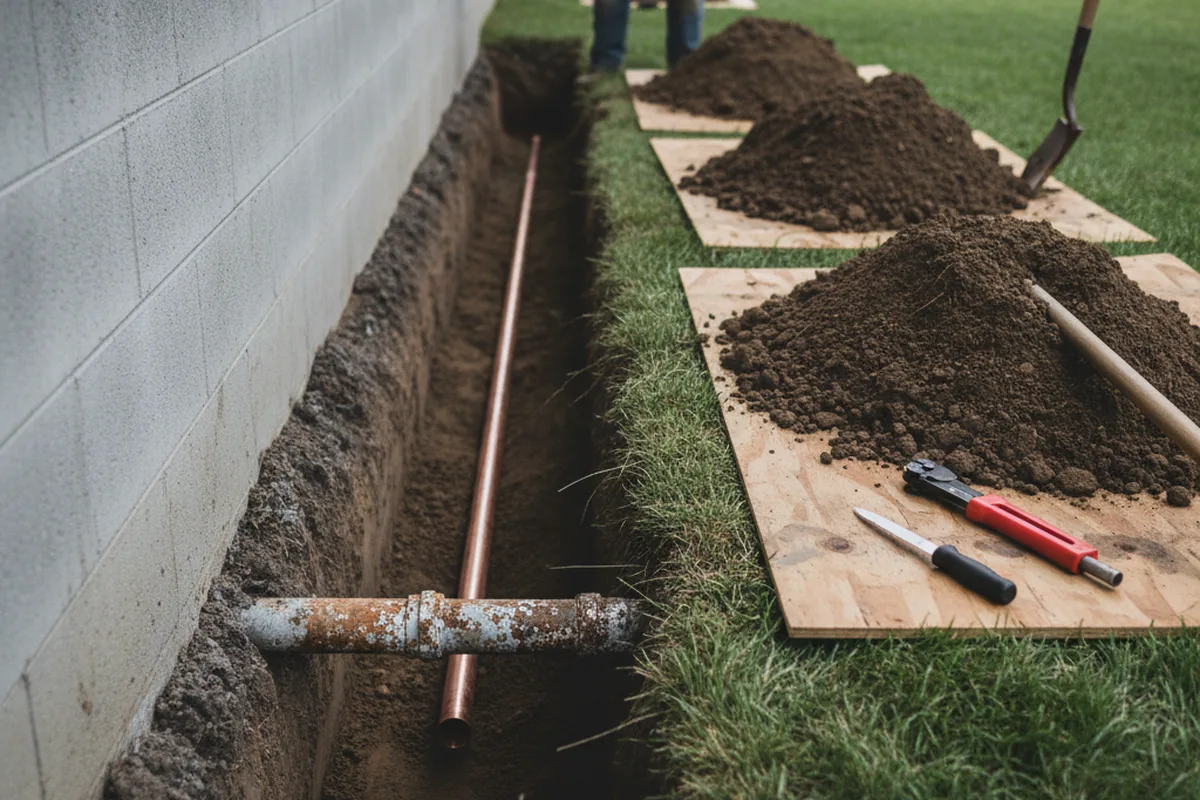 Excavated water line trench during Water Softener Installation in Scandia